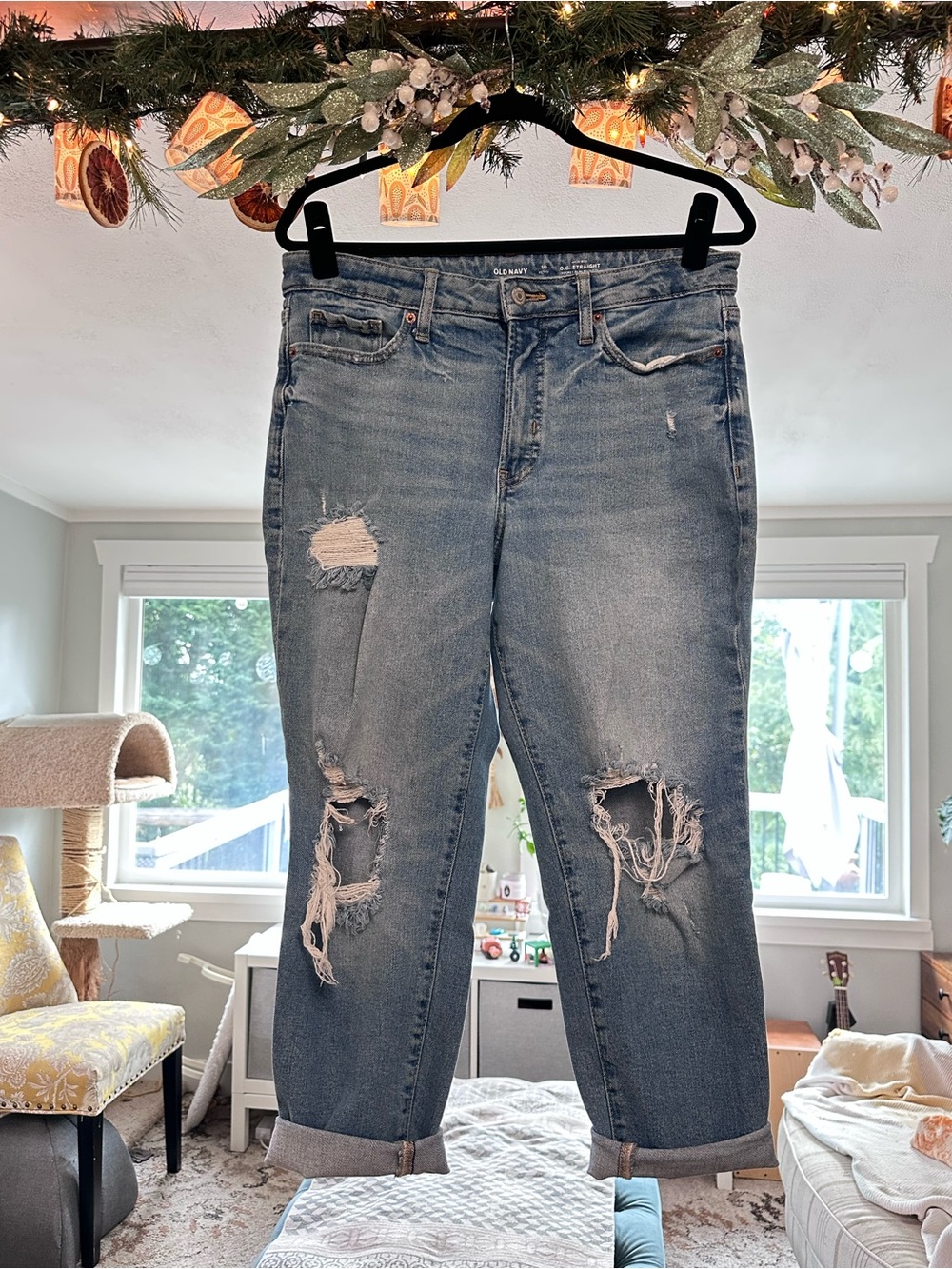 Old Navy OG Straight Distressed Light Blue High Rise Boyfriend Jeans - Size 10P